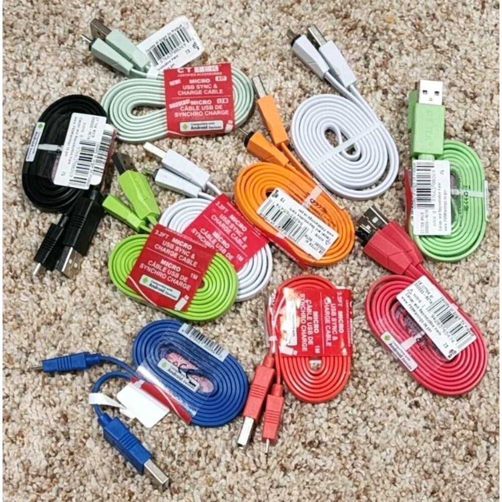 10 CT Tek Micro USB Sync And Charge Cable, 4' - 3.3' Assorted Colors